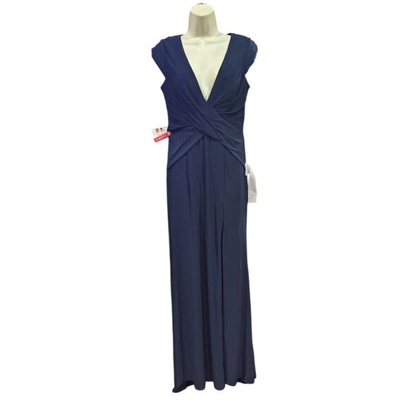 Mac Duggal Cap Sleeve Twist Front Jersey Column Gown in Navy NWOT Size 8 - Picture 4 of 6